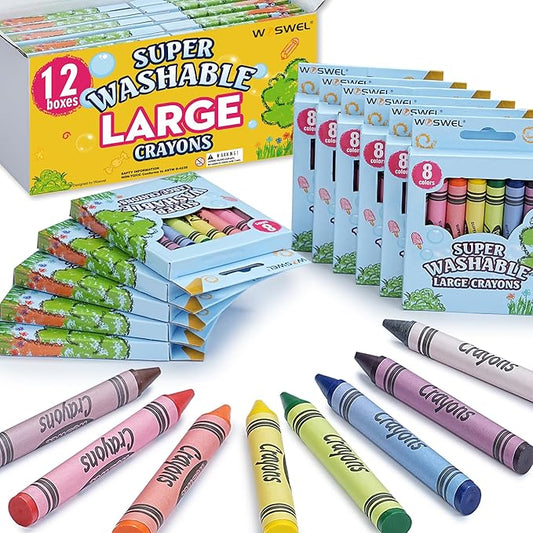 Super Washable Jumbo Crayons Bulk, 12 Pack Crayons with 8 Bright Colors, Non-Toxic Easy-Grip for Toddlers 1-3 & Kids Ages 4-8, Safe Art Supplies for Coloring Books & School Projects