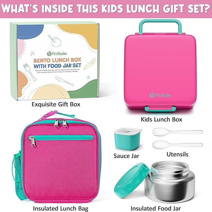 Fimibuke Bento lunch Box Set for Kids Adult with 8oz Thermos Food Jar, Insulated Lunch Bag &Sauce Cup, Leakproof Dishwasher Safe Toddler Lunch Food Container with 3-4 Compartment for School Girls Boys