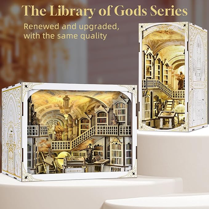 DIY Book Nook Kit for Adults, 3D Wooden Puzzle Bookend Bookshelf Insert Decor with LED Light and Dust Cover (Library of Gods Max)