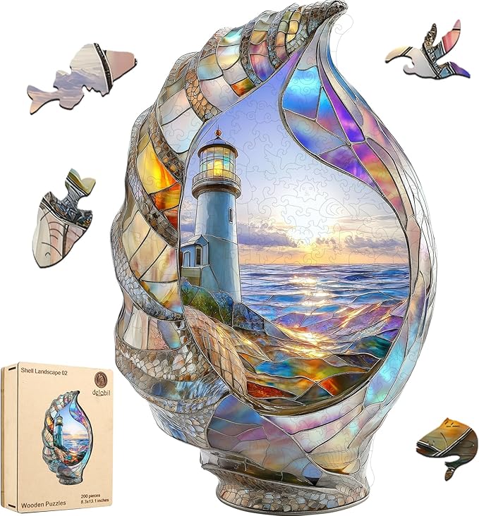 delobil Wooden Puzzles for Adults, Shell Landscape Jigsaw Puzzles 200 Pieces, Unique Shape Puzzles for Adults and Kids, 13 x 8.2 Inches Medium Size, Fun Challenging Puzzles Family Game