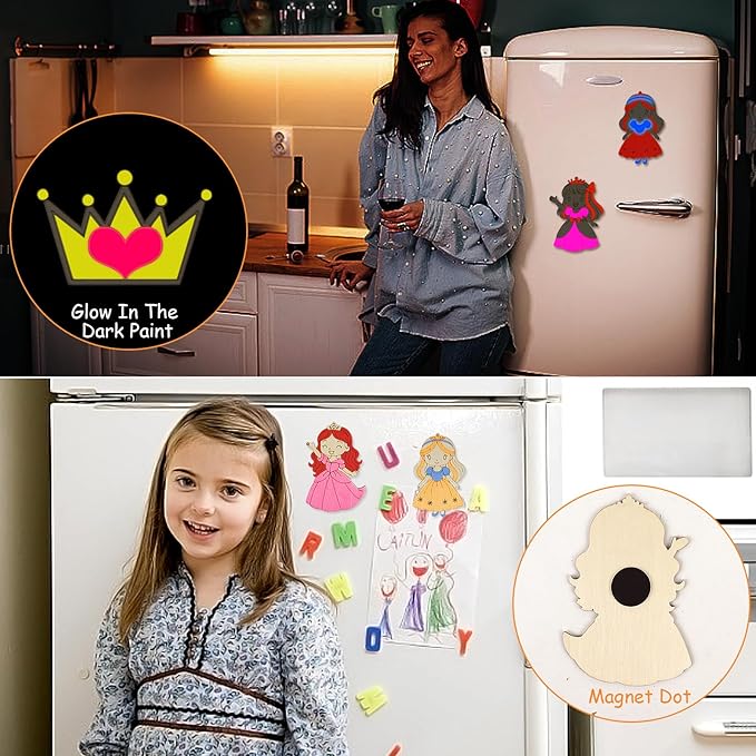 LARDUX Princess Party Favors, 24PCS DIY Wooden Arts & Crafts Painting Kit for Kids, Glow in The Dark Party Favors Family Crafts Birthday Party Christmas Gifts Toys for Boys Girls