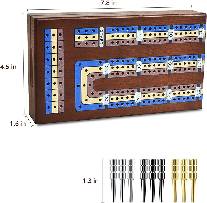 Foldable Wooden Cribbage Board Game Set, Portable Travel 3 Track Cribbage Board with Magnetic Closure,9 Metal Pegs,A Deck of Cards - Family Board Games for Kids and Adults