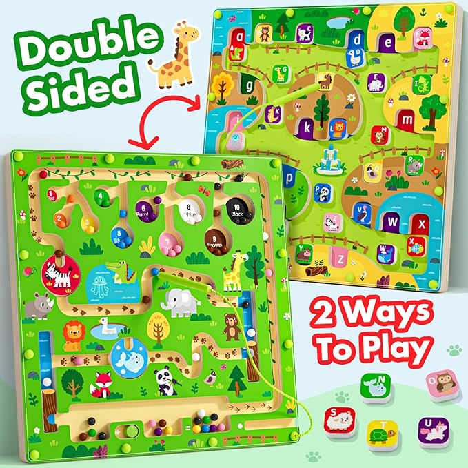 2 in 1 Magnetic Color and Number Maze Magnet Alphabet Counting Double Sided Board Wood Puzzle Fine Motor Skills Montessori Preschool Toys Gifts for Boys and Girls 3-5 Age (Big Zoo, One Size)