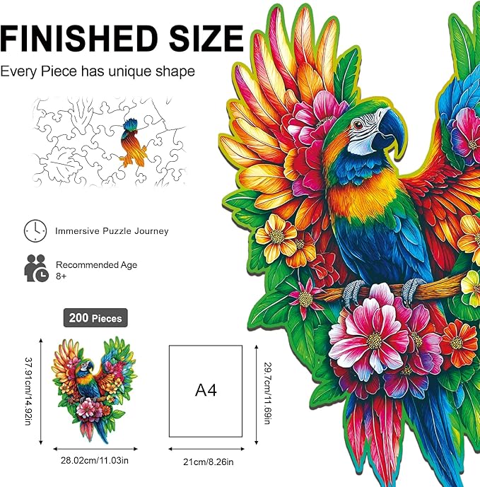 Wooden Puzzles for Adults Floral-Winged Parrot Puzzle - Laser-Cut Unique Shaped Stress Relief Jigsaw Puzzle, Wall Art Home Decor Gift for Family (14.9"×11.1" 200pcs)