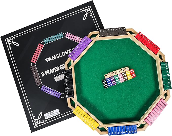 Vamslove Upgraded 2-8 Players Shut The Box Dice Game-Colorful 8-Way Wooden Board Table Math Game with 16 +6 Dices - Close The Box for Kids, Adults Families Party Club (Instruction Included)