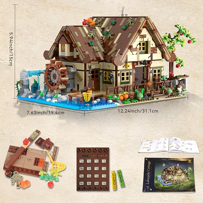Wood Cabin Building Set with Light, 2570 PCS Wooden Forest House Mini Building Block Toy with Waterwheel Pond Animals, Big House Construction Model for Adults Teens Kids Boys Girls 10-12+