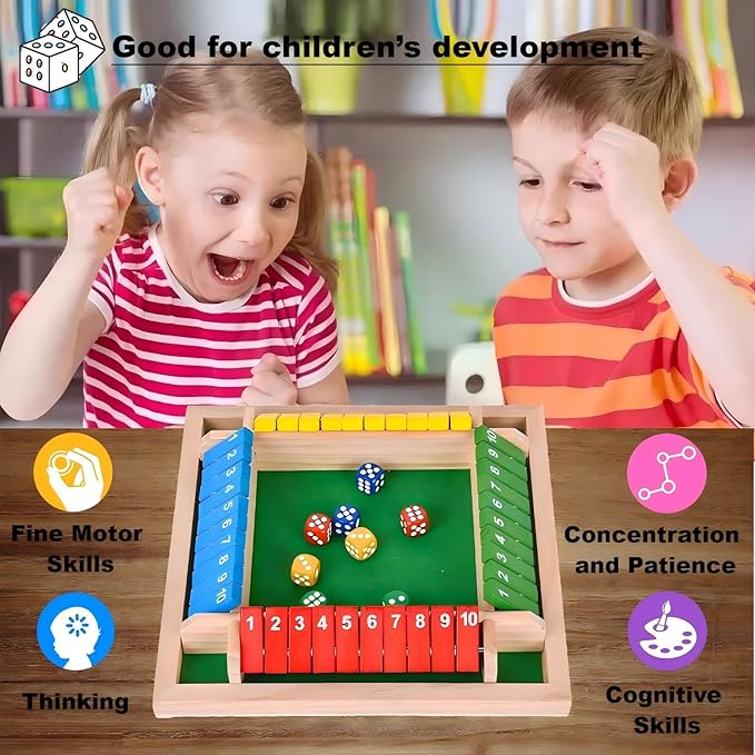 Shut The Box Game Dice Game, 2-4 Player Math Learning Toy for Adult Kids 5-7 8-12, Educational Wooden Board Tabletop Game with 8 Dice for Family, Classroom & Senior Activities, Pub and Party