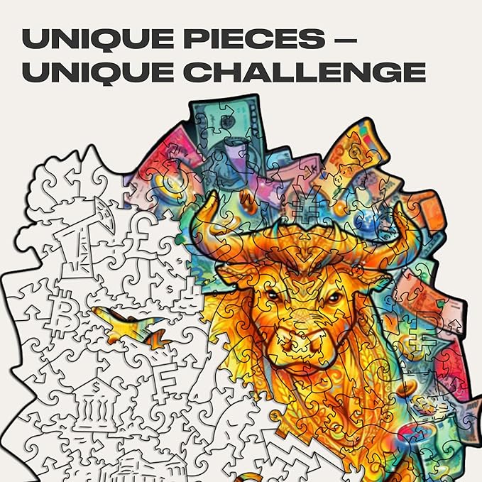 UNIDRAGON Original Wooden Jigsaw Puzzles - Prosperous Bull, 102 pcs, Small 7.5"x8.7", Beautiful Gift Package, Unique Shape Best Gift for Adults and Kids