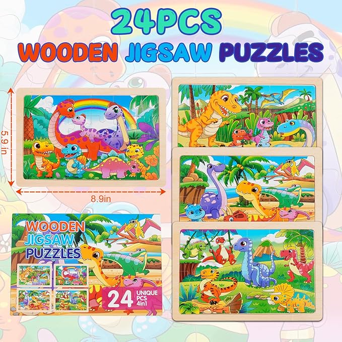 Wooden Jigsaw Puzzles for Kids Ages 3-6, 4 Pack with Dinosaurs Preschool Educational Toys, Toddler Puzzles Gift for 3 4 5 Year Old Boys Girls (Dinosaur)
