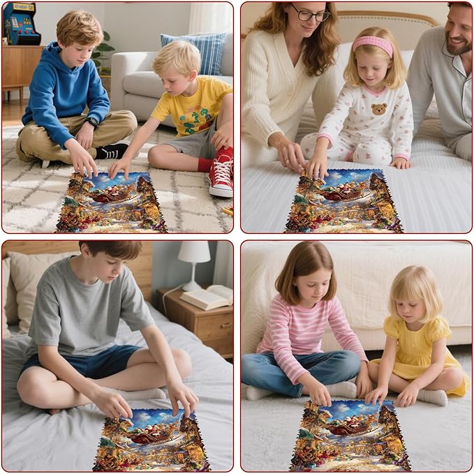 Christmas Sleigh Wooden Puzzles for Adults & Kids - 200 Pcs, Luxury Shaped Wood Jigsaw Puzzle, 8.9"x11.8", Challenging Holiday Family Game, Home Decor