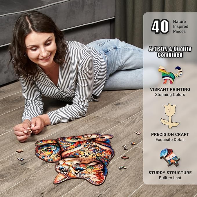 LEOGOR Wooden Jigsaw Puzzles for Adults 350 Pieces (14 × 18.1 in), Cat Puzzle, Extra-Thick 5mm Wood, Colorful Mosaic Design, Unique Animal Shapes, Artistic & Relaxing Gift for Adults and Teens