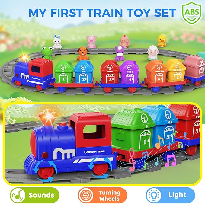 Train Set Toddler Learning Toys for 1 2 3 4 Year Old Boy Girl - Montessori Electric Train Set with Counting Matching & Sorting Activity with Farm Animals, Finger Puppets, Christmas Birthday Gift 2-4