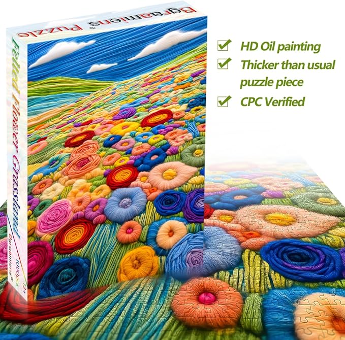 Bgraamiens-Felted Flower Grassland-Colorful Flowers on a Lush Grassland, Unique Flowers Art, Whimsical Wool Felted Wall Decoration