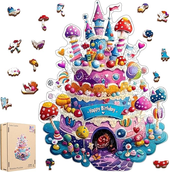 Wooden Puzzles for Adults, Birthday Cake Castle Puzzles 448 Pieces, Unique Shaped Mushroom Jigsaw Puzzles for Adults and Kids, Birthday Gifts Fun Challenge Family Game 16.9'' x 12.8''