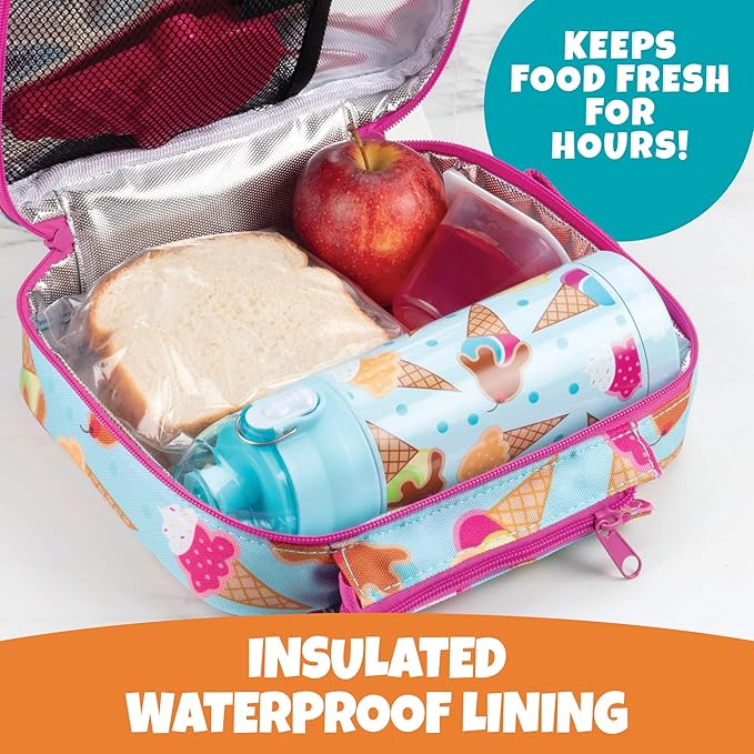 Kids Insulated Lunch Box w Snack Pocket & Expandable Water Bottle Holder For Girls- Waterproof Lunchbox Tote Keeps Food Hotter or Colder Longer - Reusable Back to School Bag Fits Most Bento Containers