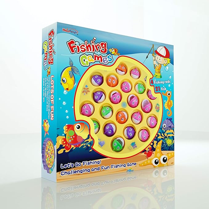 Haktoys Fishing Game for Kids & Toddlers – Battery-Operated Rotating Fishing Toy with 21 Fish, 4 Poles & Music On/Off Switch – Fun Educational Board Game for Boys & Girls