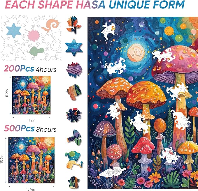 Wooden Puzzles for Adults, 200 Pieces Mushroom Wooden Jigsaw Puzzles, 11.2 inch Family Reunion Puzzle for Adult and Kids, Exquisite Packaging, Best Women's Day Gifts for Mothers Family Friends