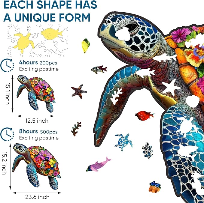 Wooden Puzzles for Adults, Sea Turtle Puzzles 200 Pieces-5MM Thickness, Ocean Puzzles with Unique Shaped 12.5x15.1 Inch, Birthday Gift Family Games