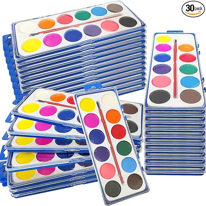 30 Pack Watercolor Paint Set Bulk, with 12 Vibrant Colors and 30 Brushes, Washable Water Color Paint Sets for Kids and Adults, Ideal Gift for Art Painting Party Favors, School Supplies