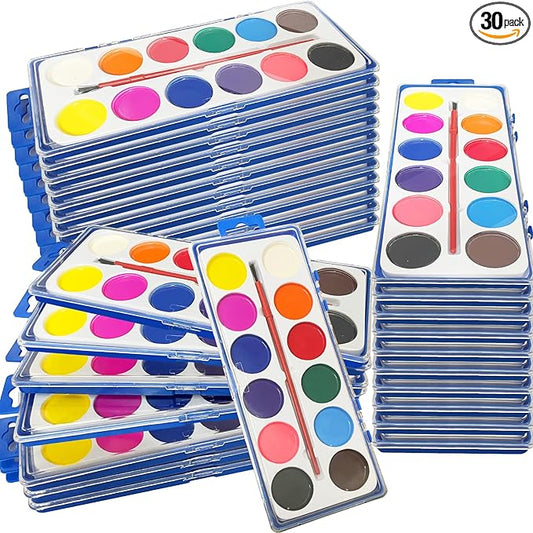 30 Pack Watercolor Paint Set Bulk, with 12 Vibrant Colors and 30 Brushes, Washable Water Color Paint Sets for Kids and Adults, Ideal Gift for Art Painting Party Favors, School Supplies