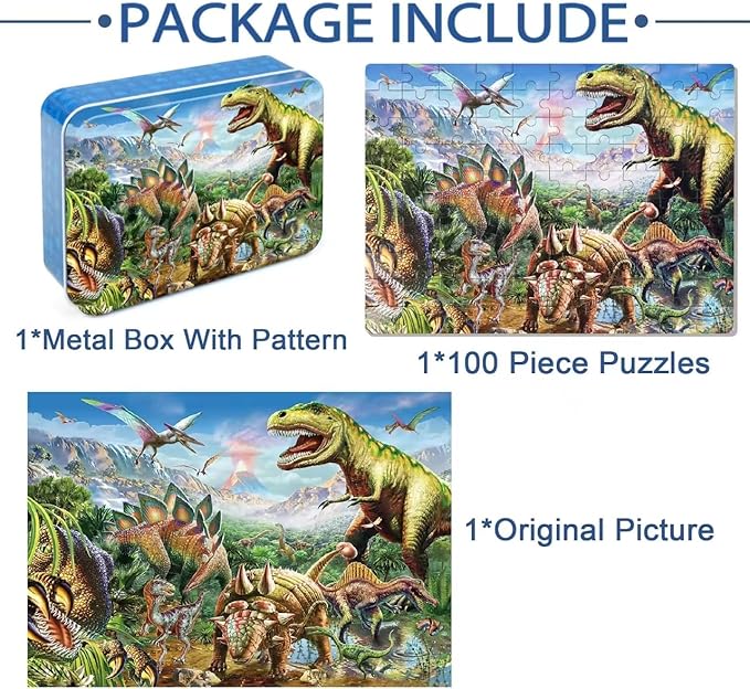 LELEMON Puzzles for Kids Ages 4-8,Tyrannosaurus 100 Piece Puzzles for Kids,Educational Kids Puzzles Ages 6-8 Jigsaw Puzzles in a Metal Box,Dinosaur Puzzles for Kids Ages 5-8 Cool Puzzle Games Toys
