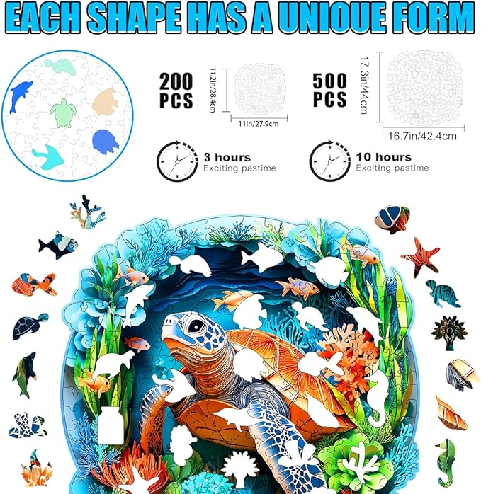 Wooden Jigsaw Puzzle, 200-500 Pieces Unique Shape Animal Puzzle, for Adults & Kids, Birthday Gift Family Game, Decorative Puzzle, Unique Gift (Turtle Guaridan, 500 PCS)