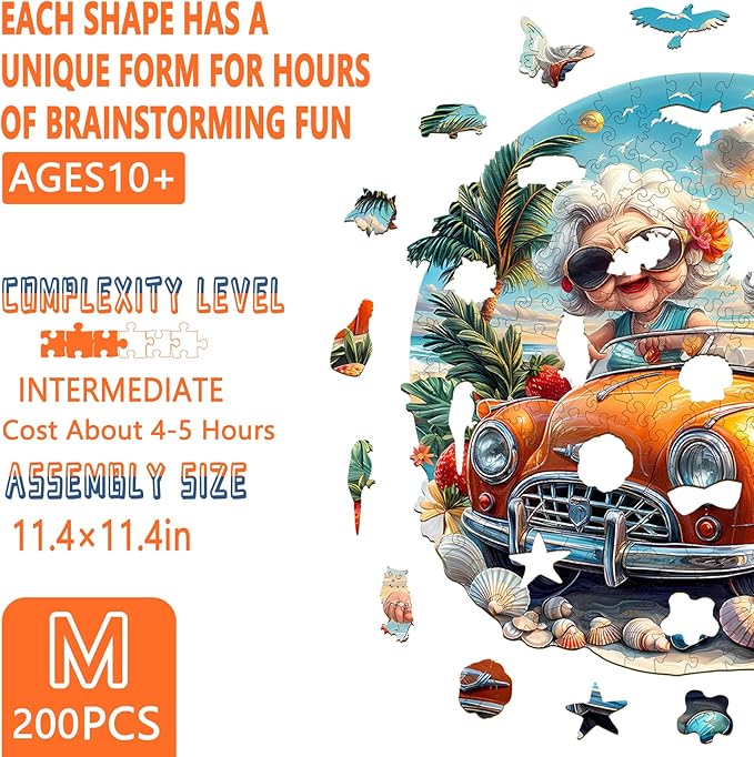 Wooden Puzzles for Adults -Happy Grandma Puzzle, Unique Shape Wooden Jigsaw Puzzle for Granny, Wood Puzzles Adult, Good Gift Idea for Family (M-11.4 * 11.4in -200 Pieces)