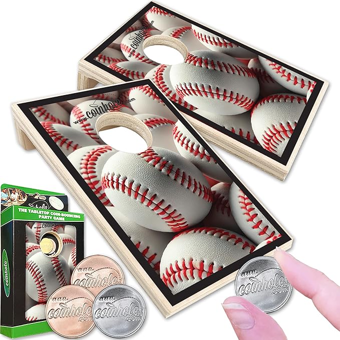 Coinhole Desktop Coin Bouncing Party Game Set | Tabletop Cornhole Board Game | Small Cornhole Travel Game Includes Coins