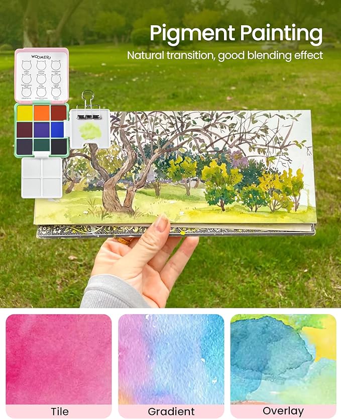 Woomer Pocket Watercolor Paint Set, 9 Vivid Colors Travel Watercolor Paint with 2 Foldable Palettes, Wash Cup, Perfect Water Color Set for Kids Beginner Students Adult Gift