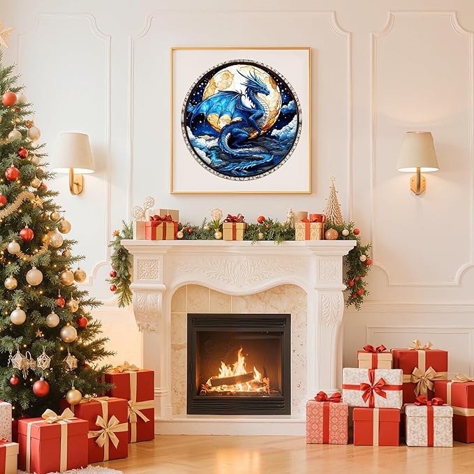 Wooden Puzzles for Adults - Moonlight Blue Dragon Wooden Jigsaw Puzzle, Unique Animal Shaped Wood Puzzles Adult, Christmas Birthday Gifts for Friends/Family, Home Decor 13.4 * 13.4in 300pcs