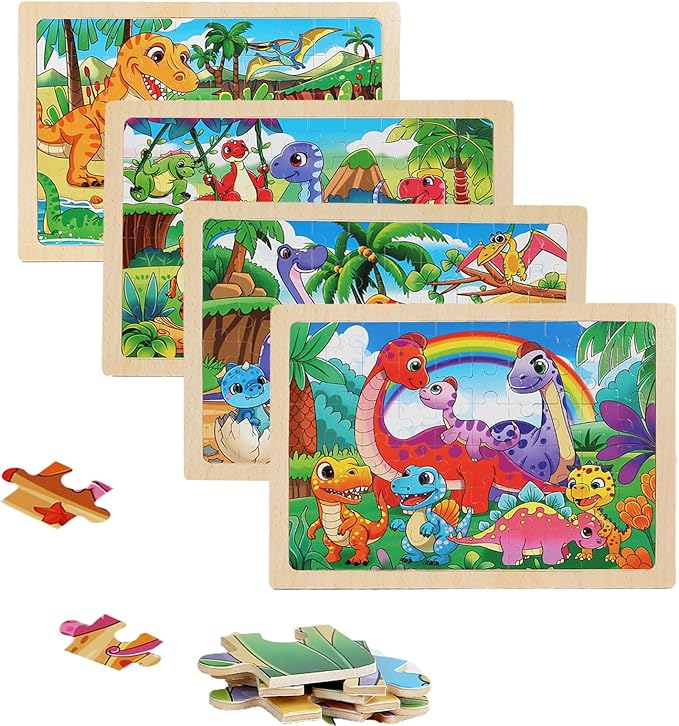 Wooden Puzzles Dinosaur Toys for Kids Ages 3-5, Set of 4 Packs with 60-Piece Wood Jigsaw Puzzles, Preschool Educational Brain Teaser Boards for Boys