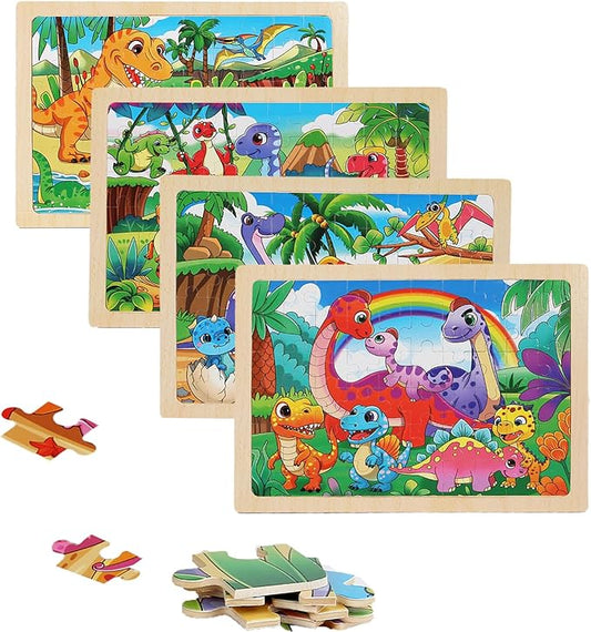 Wooden Puzzles Dinosaur Toys for Kids Ages 3-5, Set of 4 Packs with 60-Piece Wood Jigsaw Puzzles, Preschool Educational Brain Teaser Boards for Boys