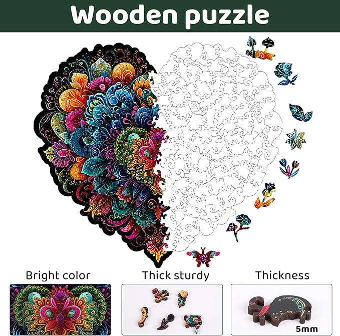 Ruikiyart Wooden Puzzles for Adults, 5MM 200 Pieces Heart Flower Wooden Jigsaw Puzzle, Mandala Unique Shapes Puzzles Great Gift for Adults and Ki on Birthday, Christmas (10.2"x11.2")