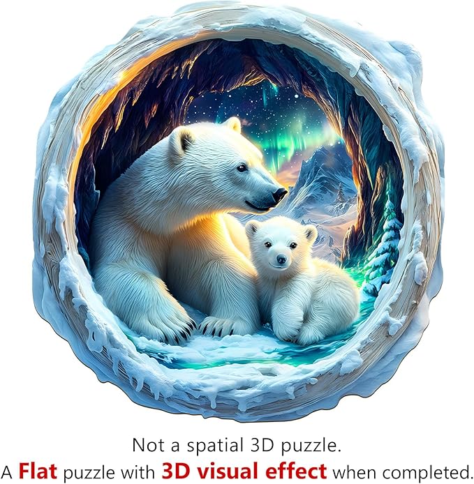 KAAYEE Wooden Puzzles for Adults, 3D Vision Effect Warm Aurora Cave Bear Wooden Jigsaw Puzzle Unique Shape Wood Puzzle Adult, 3D Effect Flat Puzzle Birthday Family Game (M-11.4 * 11.1 in-200pcs)