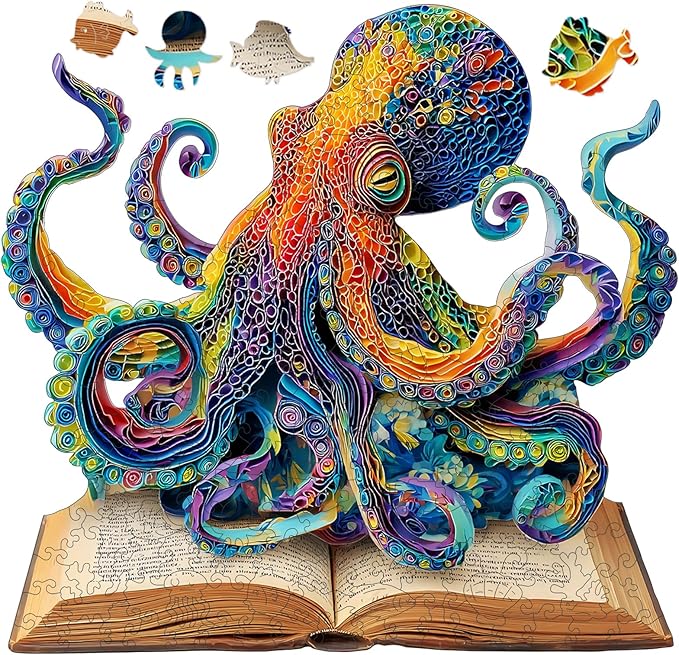 Wooden Puzzle for Adults 500 Pieces, Octopus Book Jigsaw Puzzles, Unique Shape Animal Adult Puzzles, Irregular Wood Best Gift for Adults Family Game(16.8 * 16.1 in)