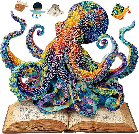 Wooden Puzzles for Adults, Octopus Book Jigsaw Puzzles 200 Pieces, Unique Shape Animal Adult Puzzles, Irregular Wood Best Gift for Adults Family Game(11.4 * 10.9 in)