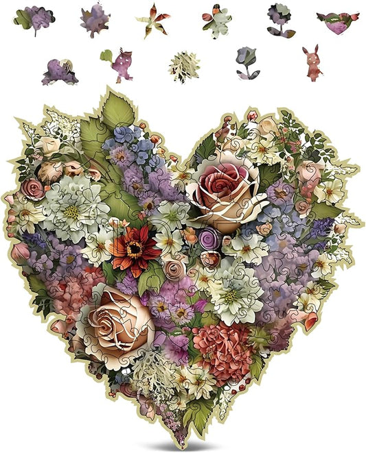Crafthub Flowers Wooden Puzzles for Adults – A3 Blooming Heart with 128 Pieces Wood Puzzles – Jigsaw Puzzles with Unique Animal Shapes – 10.8" x 10.8"