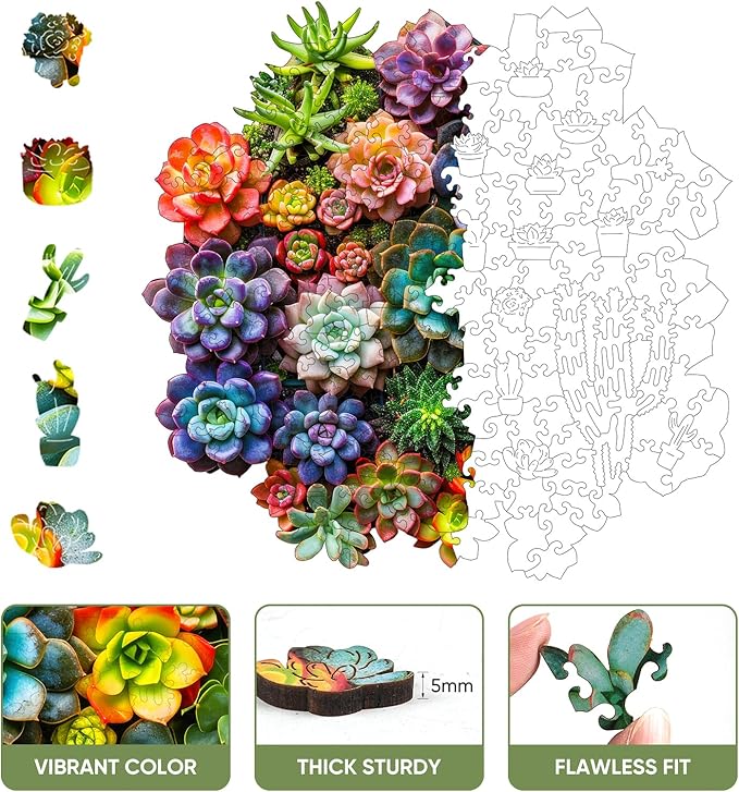Succulent Plants Wooden Puzzles for Adults, 500 Pieces Jigsaw Puzzles, Unique Shaped Medium Size Liberty Wood Puzzle Gift for Adults and Kids, Family Game 16.8'' x 16.5''