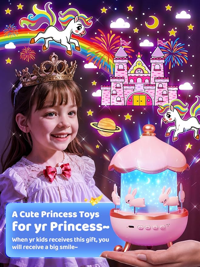 Carousel Night Light for Kids, 10 Music+15 Films+315 Colors Star Projector for Kids Night Light Projector,360°+Remote+1200mah Star Lights for Ceiling, Unicorn Toys for Girls Room Decor Princess Gifts