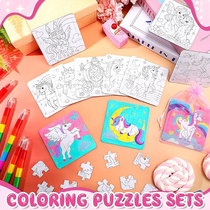 12 Sets Unicorn Puzzles Rainbow Color Your Own Puzzles DIY Jigsaw Crafts with 12 Stackable Crayons and 12 Bags for Pastel Macarons Theme Gifts Birthday Party Supplies(12, Unicorn)