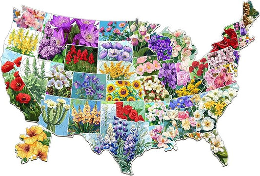 KAAYEE Wooden Puzzles for Adults, 3D Visual Effect USA State Flower Wooden Jigsaw Puzzle Unique Shape Wood Puzzle Adult, 3D Effect Flat Puzzle Birthday Family Games (M-11.4 * 7.7in-145pcs)