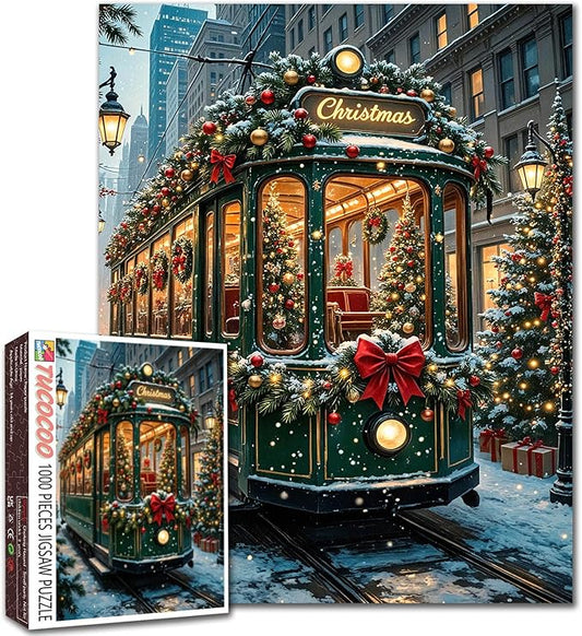 1000 Piece Jigsaw Puzzles for Adult Tram Ride with Xmas Trees Painting Jigsaw Puzzle 1000 Festive Christmas Puzzles 20''x27”inch Cityscape During New Year DIY Puzzle Art Wall Decor Family Challenging