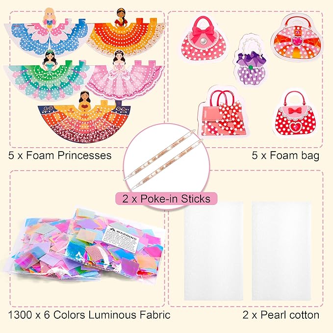 PP OPOUNT Poke Art Kits for Girls, 5 pcs 3D Magical Princess & 5 Bags Kids Paper Craft Kits, DIY Wood Craft Kit, Mess-Free Creative Activity Art and Crafts, Birthday Christmas Gift for Girls Ages 4-8