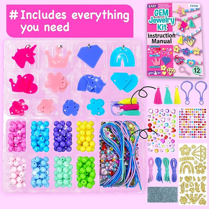 EZCRA Bracelet Making Kit for Kids 4-6 - 12 DIY Jewelry Craft Set with Beads, Gem Stickers and Charms for Girls Ages 5-8 - Easy DIY Bracelet Kit, Gift for Girls