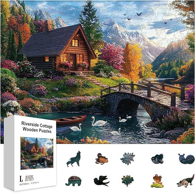 GLOBLELAND 300Pcs Riverside Cottage Wooden Jigsaw Puzzles for Adults 11.22x15.16inch Colorful River Landscape Wood Puzzles for Holidays Birthday Gifts