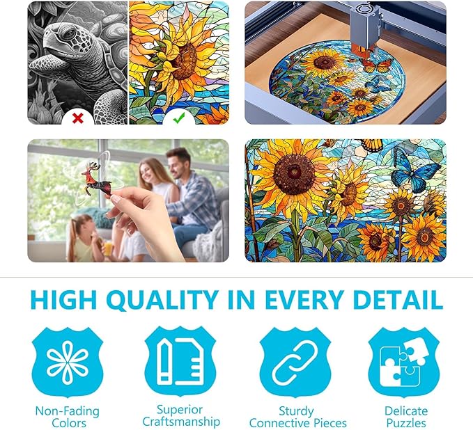 Wooden Puzzles for Adults - Glass Sunflower Wooden Puzzle, Unique Shaped Wood Jigsaw Puzzles for Adults, Wood Puzzles Adult, Perfect for Birthday Gift, Family Puzzle, 200 Piece 11.4 x 11.4in, Medium