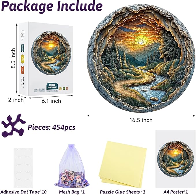 Nature Art Wooden Jigsaw for Adults - Unique Animal Shaped Wood Jigsaw Puzzle, 454 Pieces Large Size Adult Wooden Puzzles, Round Cave Stunning Sunset Forest Scene Landscape Wood Puzzle