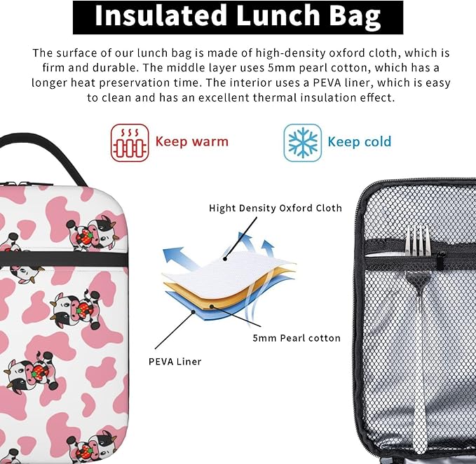 Strawberry Pink Cows Print Reusable Lunch Box Food Bag Insulated Lunch Bag for Teenage Boys Girls School Beach