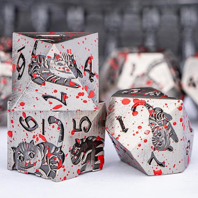 Metal DND Cat Dice Polyhedral RPG Dice Set with Gift Case for Dungeons Dragons Role Playing Game, 7PCS D and D Dice D6 D8 D10 D12 D20 D% (Blood)