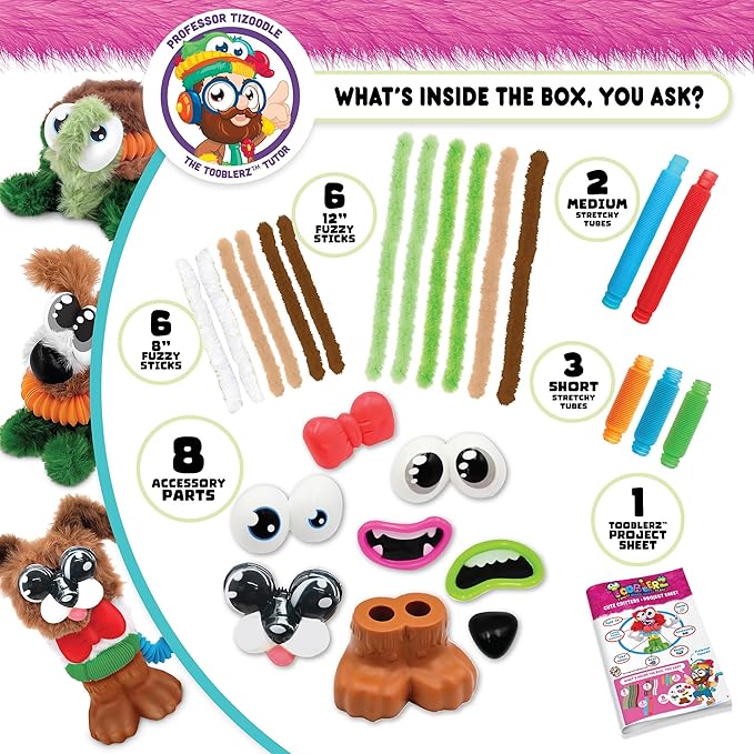 WeVeel TOOBLERZ Cute Critters Large Set – 26-Piece Mix-and-Match Craft Kit for Kids – Includes Fuzzy Chenille Sticks, Fidget Tubes & Character Accessories – Creative Toy for Ages 6+